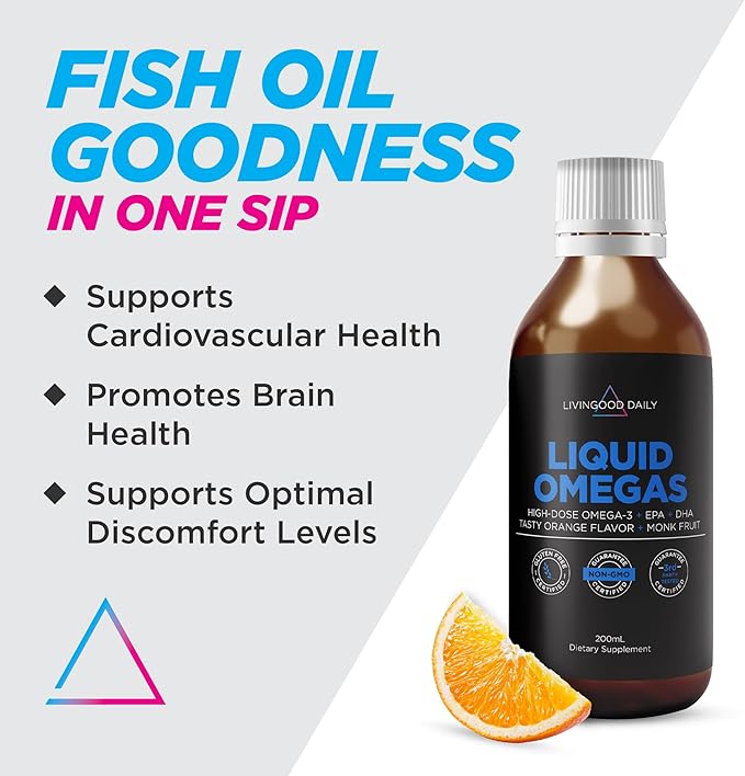 Livingood Daily Liquid Omega 3 Fish Oil, EPA & DHA Supplement with Monk Fruit & Orange Flavor, Supports Heart, Joint & Brain Health, Fish Oil for Men & Women, Non GMO, Gluten Free, 200 ML, 40 Servings