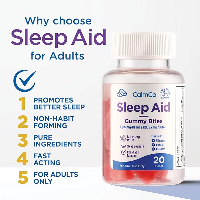 CalmCo Adult Sleep Aid Gummy Bites - Non-Habit Forming Sleep Support with 25mg Diphenhydramine, Easy-to-Chew Nighttime Sleep Aid Gummies, Promotes Better Sleep, and Fall Asleep Faster, 20 Count