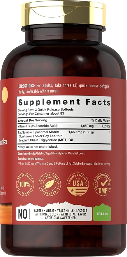 Tahoe Nutritionals Liposomal Vitamin C Complex | 3300mg | 250 Softgels | High Potency | Non-GMO, Gluten Free Supplement