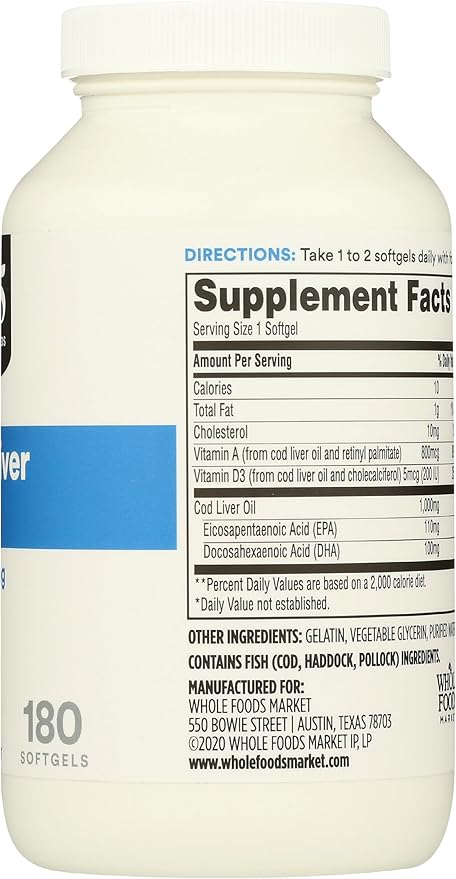 365 by Whole Foods Market, Cod Liver Oil Norwegian 1000Mg, 180 Softgels
