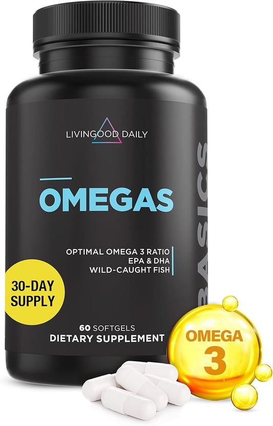 Livingood Daily Fish Oil Omega 3 Supplement, EPA and Dha from Wild Caught Fish, Omega 3 Fatty Acids for Heart, Brain, and Joint Health for Men and Women, Gluten Free, 30 Day Supply, 60 Softgels