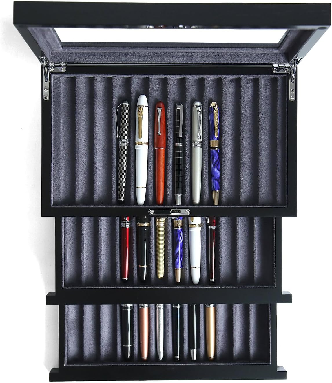 wood pen display case 36 slot Fountain pen Box storage Organizer with drawer, Top Glass Window Pen Collection Display Case