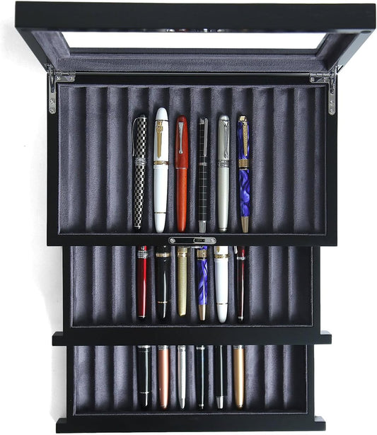 wood pen display case 36 slot Fountain pen Box storage Organizer with drawer, Top Glass Window Pen Collection Display Case