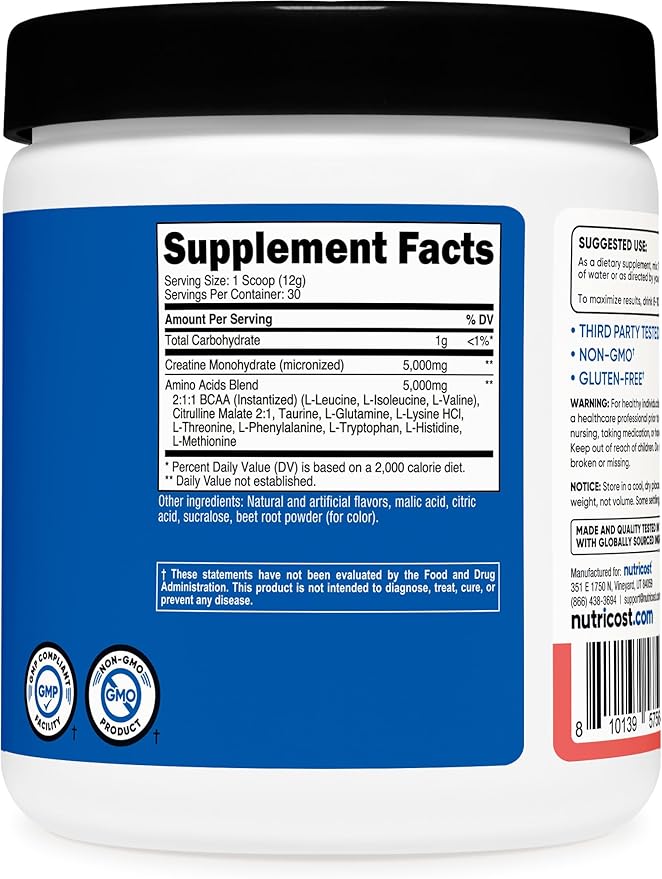 Nutricost Creatine + Aminos 30 Servings (Watermelon Flavored) - 5,000mg Creatine Monohydrate + 5000mg Amino BCAA Blend Per Serving
