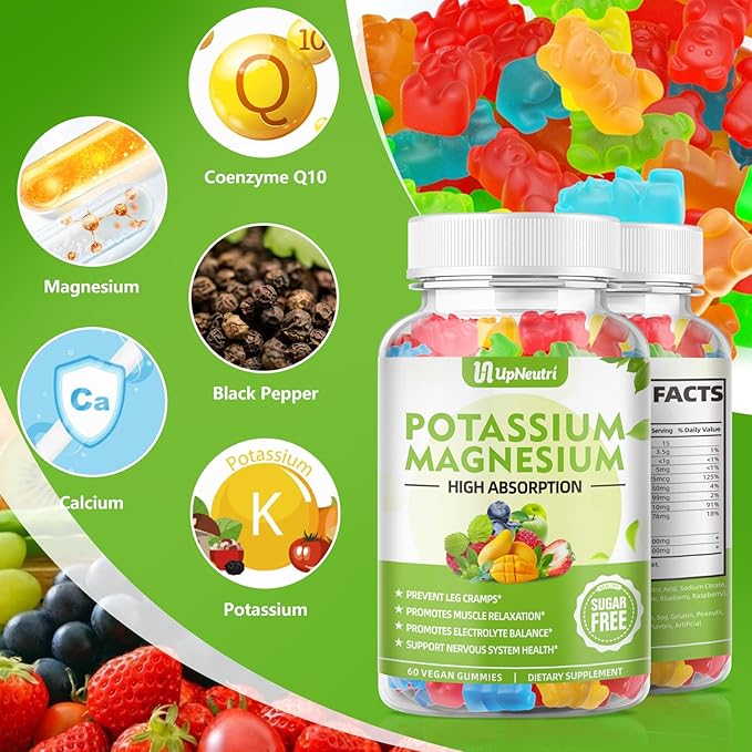 Potassium Magnesium Gummies for Adults Kids, Sugar-Free Potassium Gummies Supports Leg Cramps & Muscle & Immune Health, High Absorption Vegan Magnesium Supplement Gummies 5 Fruit Flavor 120 Cts