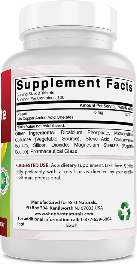 Best Naturals Copper Chelate 6 mg per Serving- 360 Tablets