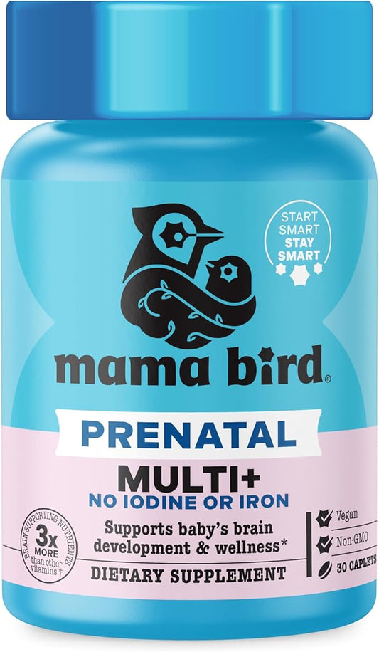Best Nest Wellness Mama Bird Prenatal Multi Plus Iodine & Iron Free - Prenatal Vitamin for Brain & Digestive Health - Vegan Multivitamin with Methylfolate, Probiotics & More - 30 Caplets w/Gift Bag