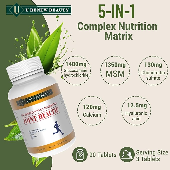 Glucosamine Chondroitin MSM and Hyaluronic Acid Supplements with Glucosamine Hydrochloride 1400mg&MSM 1350mg,Used for Cartilage & Joint Support&Flexibility,Non-GMO Ingredients,90 Tablets