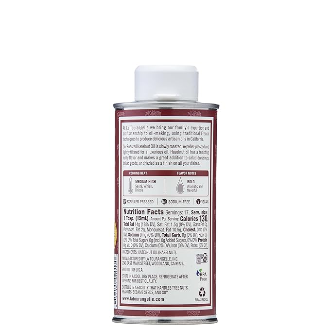 La Tourangelle, Roasted Hazelnut Oil, High-Oleic Oil Great for Baking, Stir-Frying, and Vinaigrettes, 8.45 fl oz