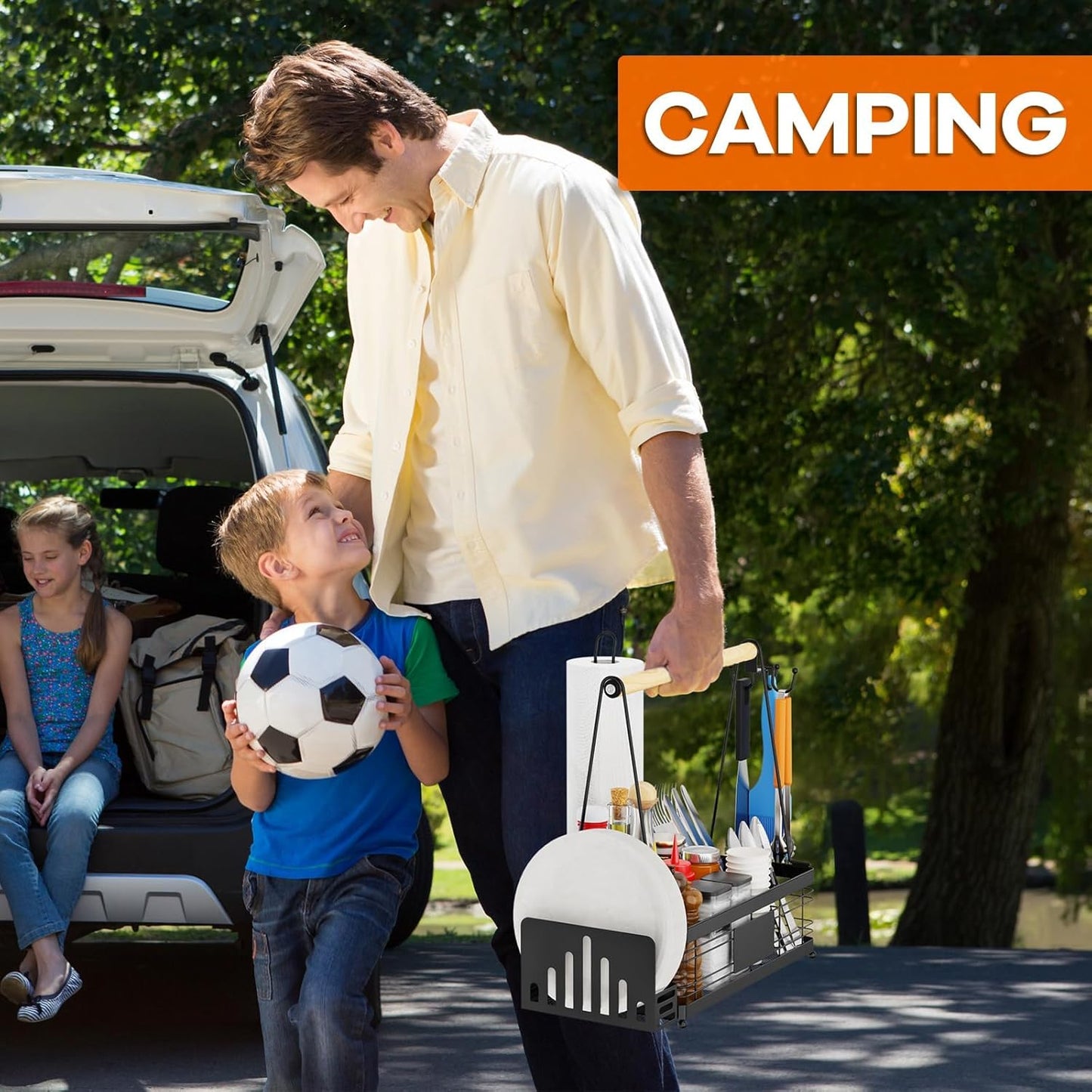 Grill Caddy with Plate Holder and Paper Towel Holder, Picnic BBQ Condiment Utensil Organizer Caddy for Outdoor Cooking, Camping Essential, Camper Must Haves, Grilling Gifts for Men