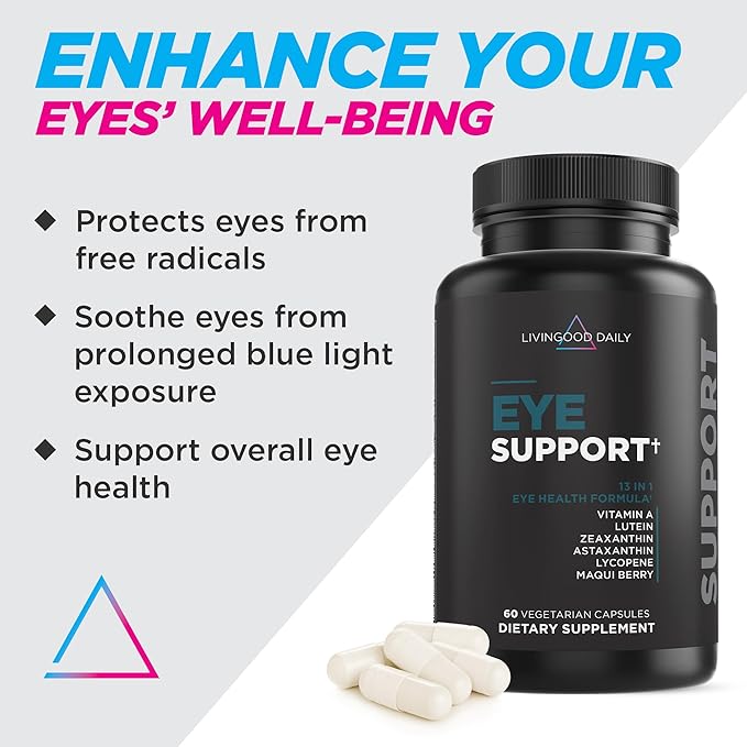Livingood Daily Eye Support, 13-in-1 Vision Supplement with Lutein, Zeaxanthin, Astaxanthin, Vitamin A, Lycopene, Maqui Berry & More, Promotes Healthy Eyes, Blue Light Protection, Vegan, 60 Capsules