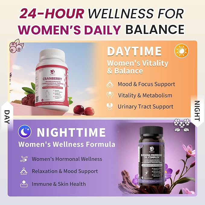 Evening Primrose Oil & Cranberry Wellness Duo – Supports Urinary Health, Hormonal Balance, Skin Health, Stress Relief, and Relaxation – Daytime Clarity & Nighttime Calm – 30-Day Supply