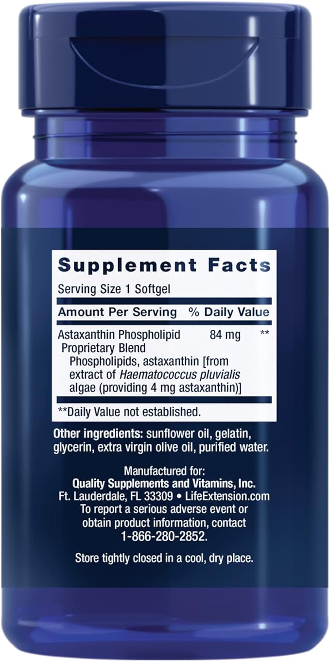 Life Extension Astaxanthin with Phospholipids – Antioxidant Support, Eye Health – Algae-Derived – Gluten-Free, Non-GMO – 30 Softgels