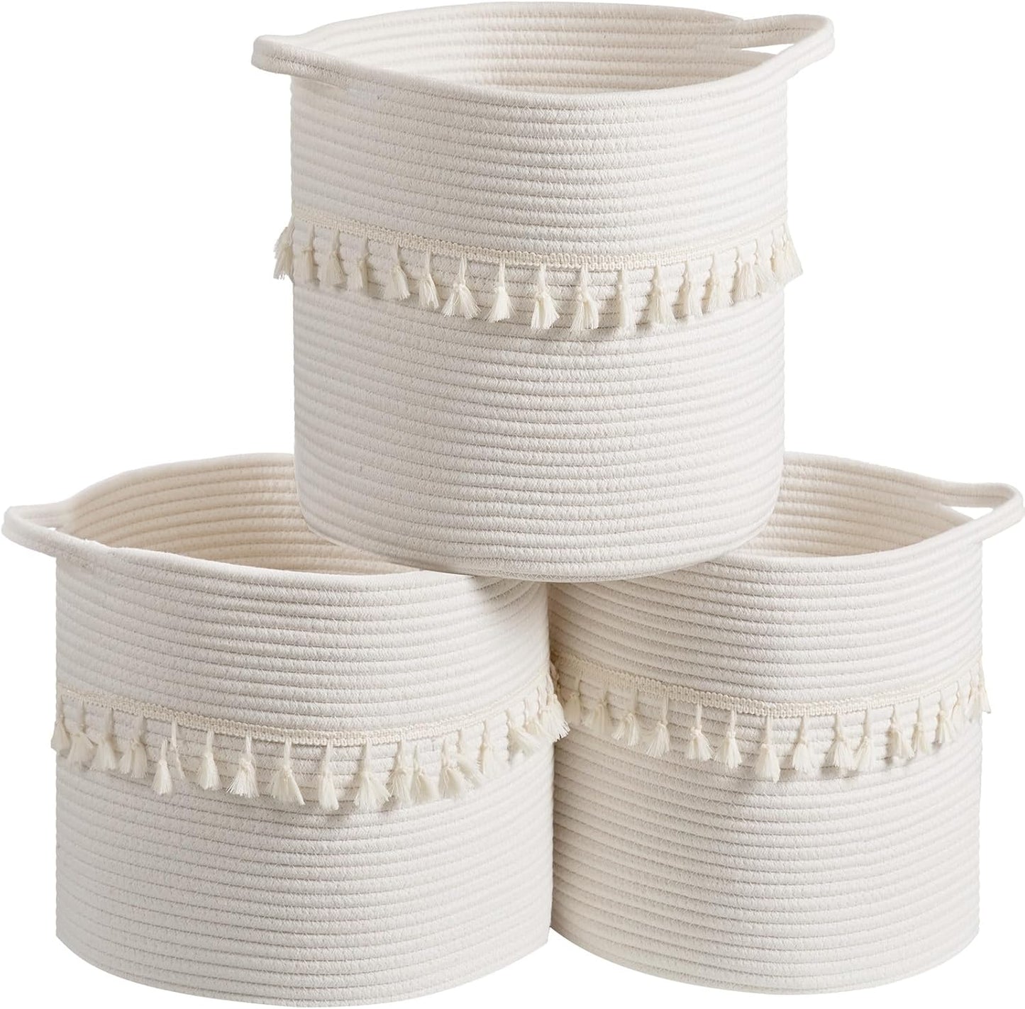 danpinera Baskets for Organizing, 3 Pack White Storage Baskets for Shelves with Tassel, 13 Inch Round Woven Baskets for Storage in any Room
