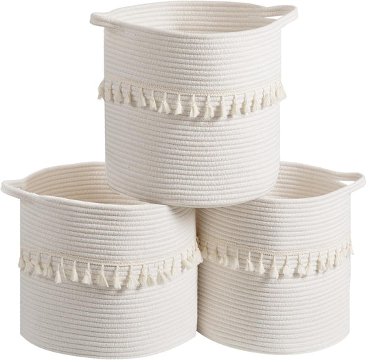 danpinera Baskets for Organizing, 3 Pack White Storage Baskets for Shelves with Tassel, 13 Inch Round Woven Baskets for Storage in any Room