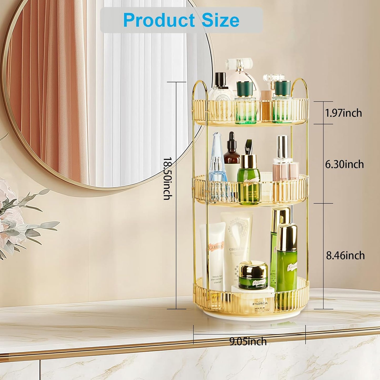 360 Rotating Makeup Organizer - Large Capacity Spinning Perfume & Cosmetic Skincare Holder for Vanity & Countertop (Vibrant Orange, 3 Tier)