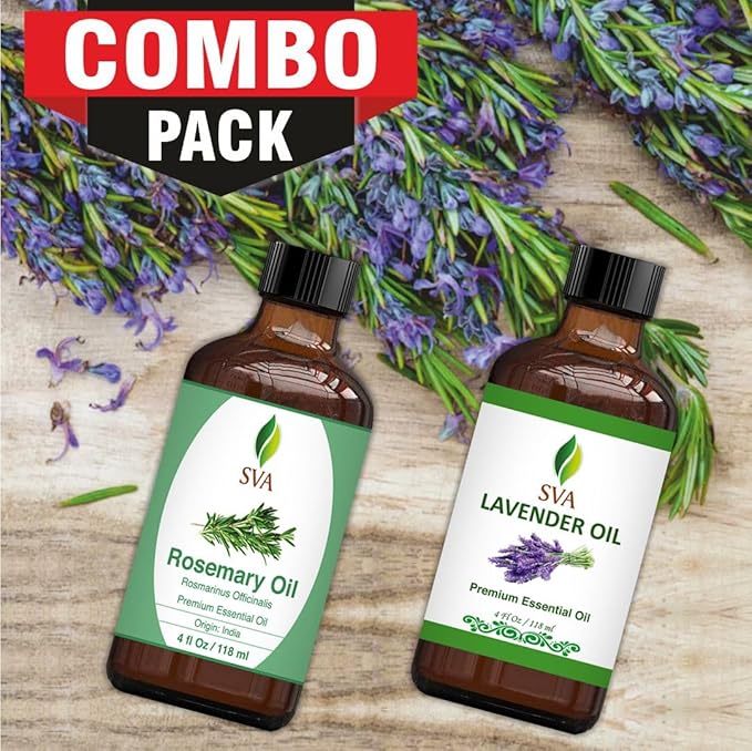 SVA Rosemary Essential Oil 4oz and Lavender Essential Oil 4oz Bundle Super Saver Combo – Premium Grade Value Set for Hair Oiling, Scalp Massage, Hair Care, Skin Care, Body Massage and Aromatherapy
