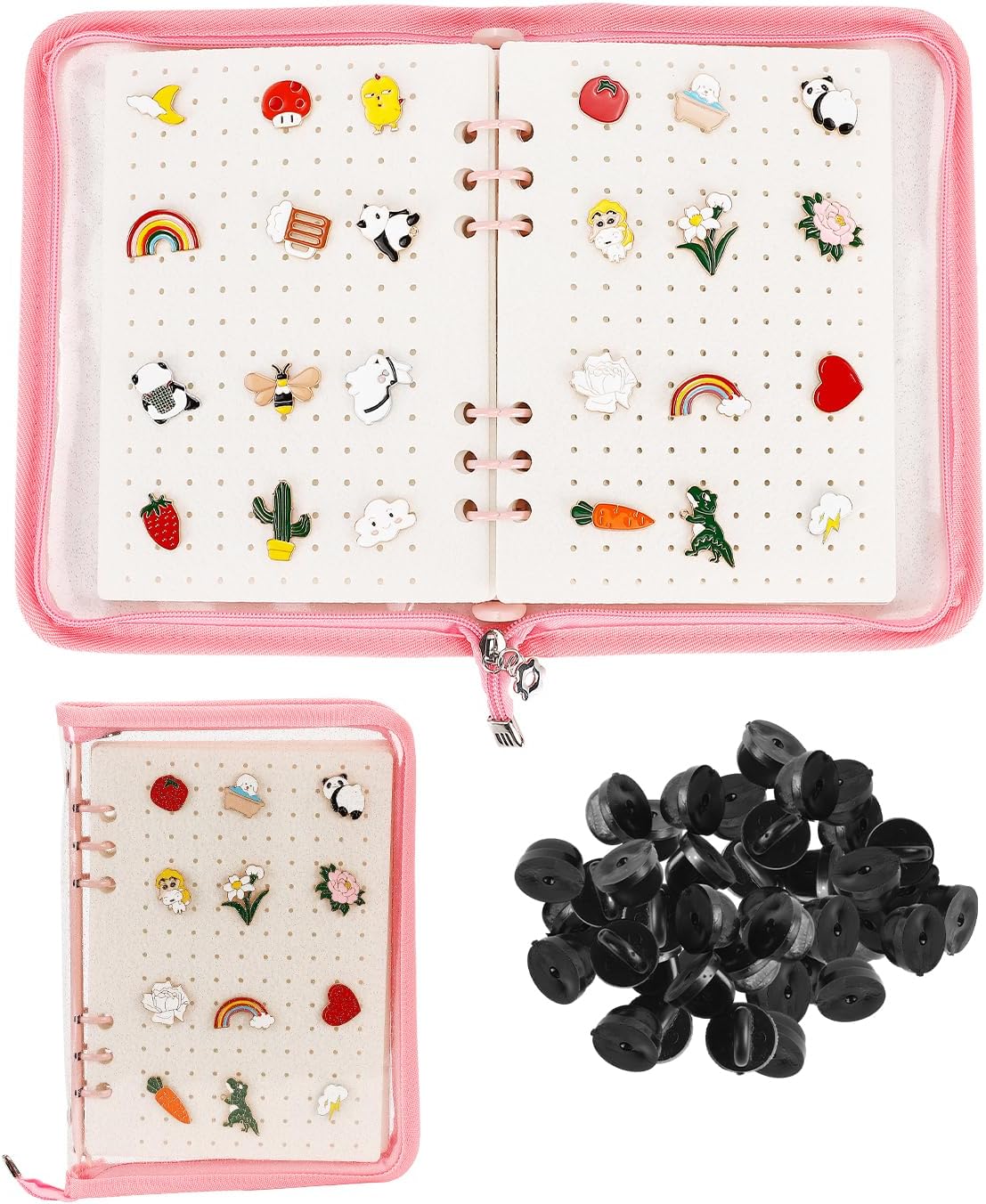 UCEC Pink Enamel Pin Display Book & 50 PCS Pin Backs A5 Album Pin Collection Binder for Brooch Pins, 6-Page Zippered Pinfolio Trading Organizer, Portable Enamel Pin Storage Case for Pin Collectors