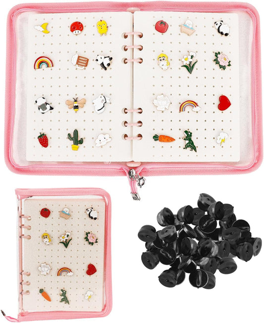 UCEC Pink Enamel Pin Display Book & 50 PCS Pin Backs A5 Album Pin Collection Binder for Brooch Pins, 6-Page Zippered Pinfolio Trading Organizer, Portable Enamel Pin Storage Case for Pin Collectors