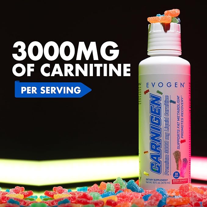 Evogen Carnigen Premium L Carnitine Liquid – L Carnitine 3000 Supplement | L Carnitine Supplement for Fat Metabolism & Recovery | Acetyl L-Carnitine | Caffeine Free | Sour Gummies | 31 Servings