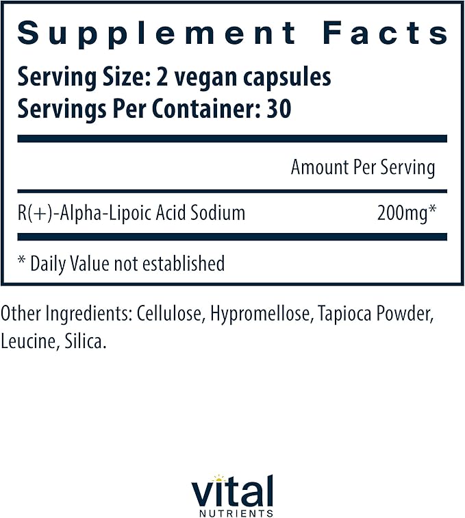 Vital Nutrients R-Lipoic Acid | Active Alpha-Lipoic Acid Antioxidant | ALA Supplement for Healthy Metabolism and Energy | Gluten, Dairy, Soy Free | Non-GMO | 60 Capsules