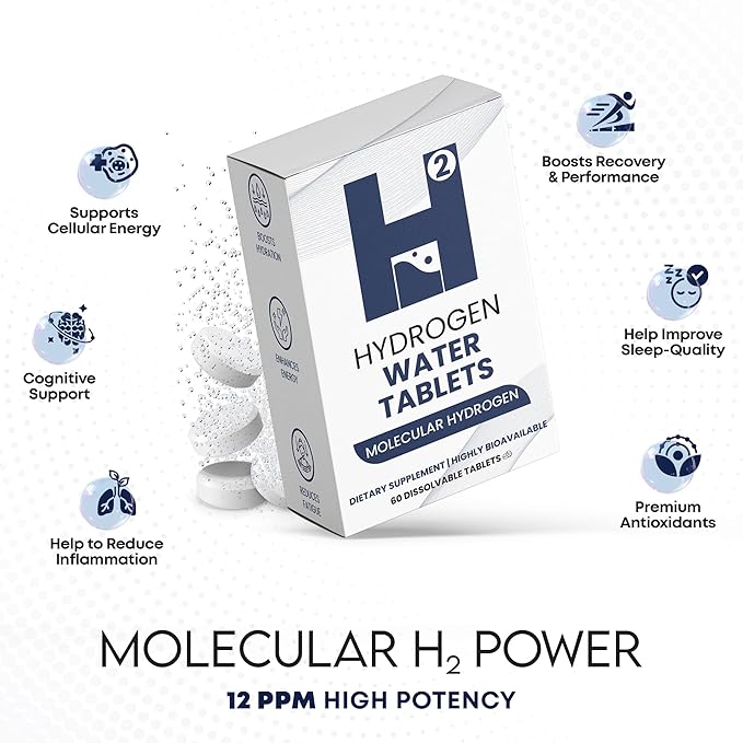 60 Count, Hydrogen Water Tablets with Molecular H2-12 PPM Hydrogen Tablets for Drinking Water - Rich in Antioxidants, Supports Cellular Health, Recovery & Cognitive Function, Unflavored