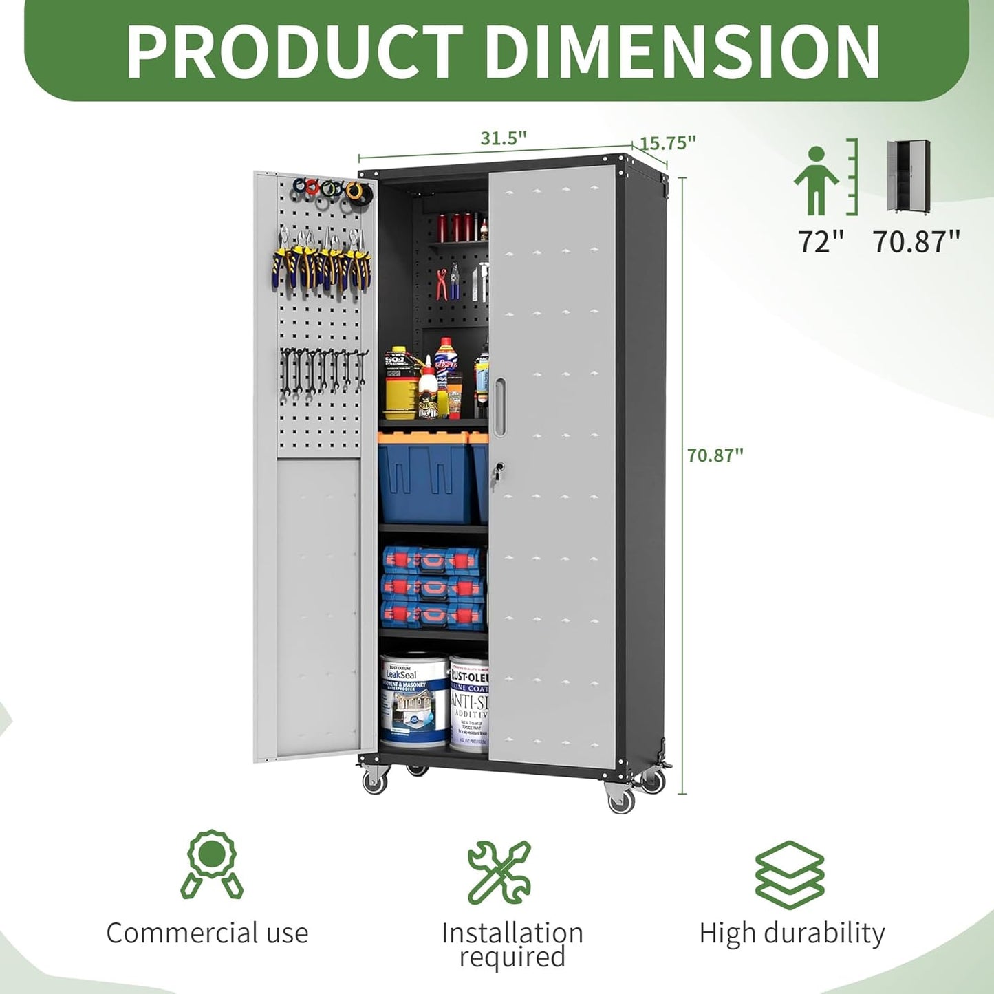 Garage Metal Storage Cabinet,71" Rolling Tool Cabinet with Pegboard and 3 Adjustable Shelves,Heavy-Duty Shelving Unit with Lockable Doors for Garage,Workshop,Home & Office Organization