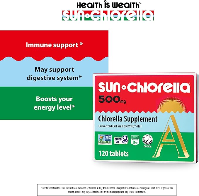 Sun Chlorella 500mg Whole Body Wellness Green Algae Superfood Supplement - Immune Defense, Gut Health, Natural Purification, Energy Boost - Chlorophyll, B12, Iron, Protein - Non-GMO - 120 Tablets