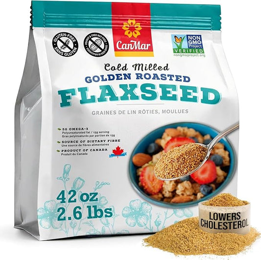 CanMar Ground Milled Golden Roasted Organic Flaxseed, 42 oz – Vegan, Non-GMO, Gluten Free – Flaxseed Meal with Omega-3, Fiber – Ground Organic Linseed Powder (42 oz)