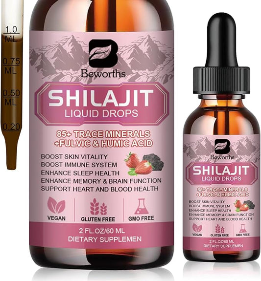 Shilajit Resin Liquid Drops for Men and Women with Ashwagandha, Turmeric, Ginseng, Chaga, 85+ Trace Minerals Fulvic Acid Shilajit Complex for Digestion Support, Energy Booster - Vegan