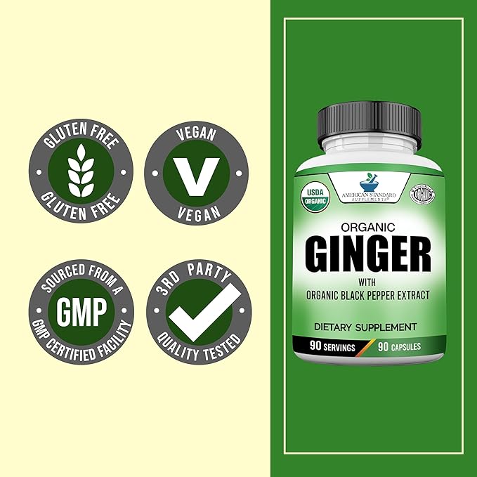 American Standard Supplements Organic Ginger Extract with Organic Black Pepper Extract, Vegan, Gluten Free, Non-GMO, 90 Capsules, 90 Servings