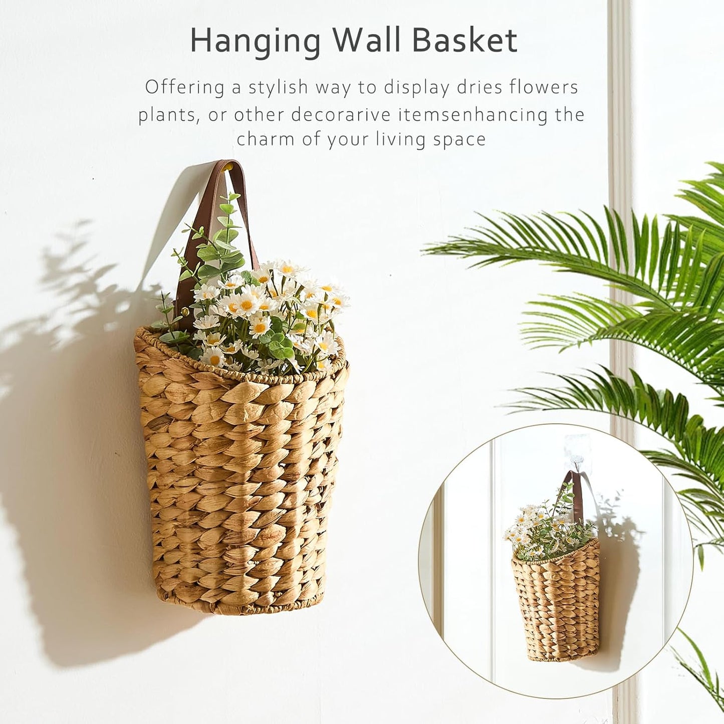 Handwoven Front Door Basket Water Hyacinth Wall Hanging Basket Decorative Boho Mounted Organizer for Dried Flower Plants Storage Basket for Garden, Home, and Farmhouse Décor