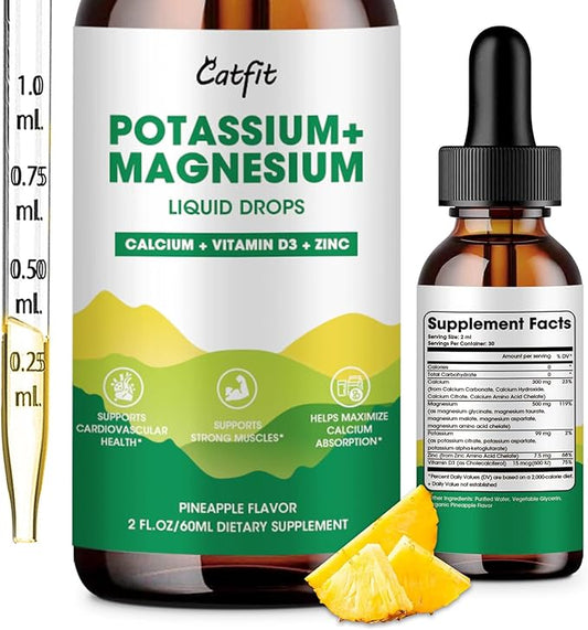 Potassium Magnesium Glycinate Supplement-High Absorption Magnesium Complex Liquid Drop with Calcium, Potassium, Vitamin D3 & Zinc for Sleep,Leg Cramps, Muscles & Energy, Sugar Free&Vegan 2 Fl Oz