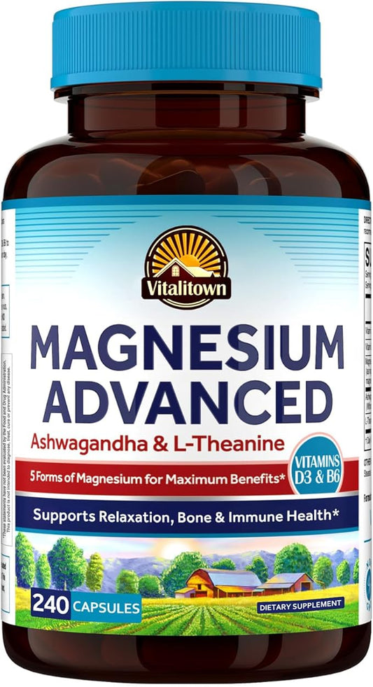 Vitalitown Magnesium Ashwagandha Supplement, Magnesium Glycinate, Citrate, Malate, Taurate, Vitamins D3 & B6, Non-GMO, Immune & Bone Health, Calm & Relaxation, 240 Capsules