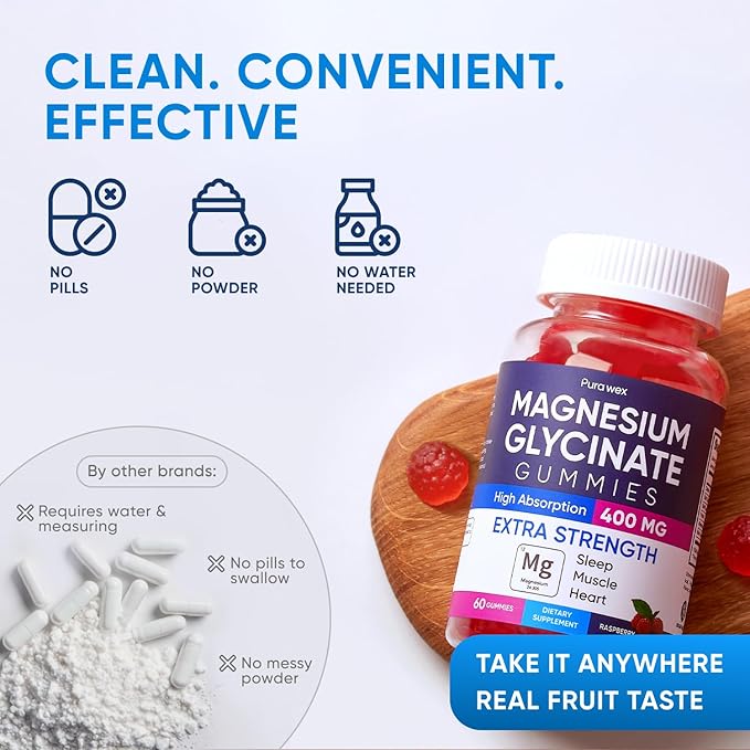 Magnesium Glycinate Gummies 400mg, High Absorption Magnesium Supplement for Women, Men and Kids, Muscle Support and Relaxation, Sugar Free, Vegan, 60 Days Supply, Raspberry Flavor