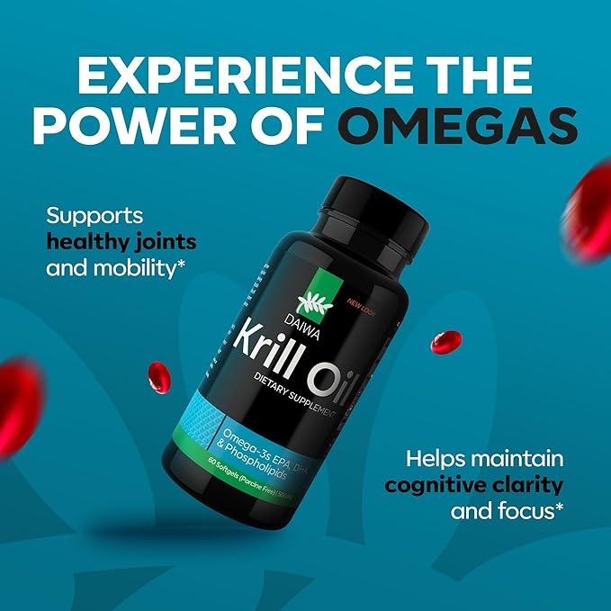 Daiwa Krill Oil 1000mg Softgels - EPA DHA Omega 3 Antarctic Krill Oil Supplement with Astaxanthin - Natural Solution for Joint, Brain Support and Heart Health - 60/ct