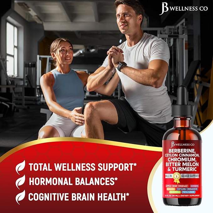 Berberine with Ceylon Cinnamon Supplement Liquid Drops + Bitter Melon Extract, Glucomannan, Gymnema, Chromium, Turmeric, Panax Ginseng, Moringa- 4 OZ