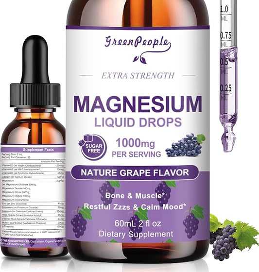 Magnesium Glycinate Liquid Drops - 1000mg 5-in-1 High Absorption Liquid Magnesium for Sleep with D3/K2/B6 | Fast-Acting, Bone, Muscle & Sleep | Sugar-Free Grape Flavor, 2fl Oz