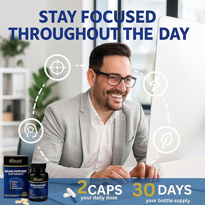 Ageless Brain Supplements for Memory and Focus & Cognitive Improvement | Nootropic Brain Supplement for Men & Women | Support Mental Clarity & Neuro Health | Including Vitamin B6, B12, 60 Capsules