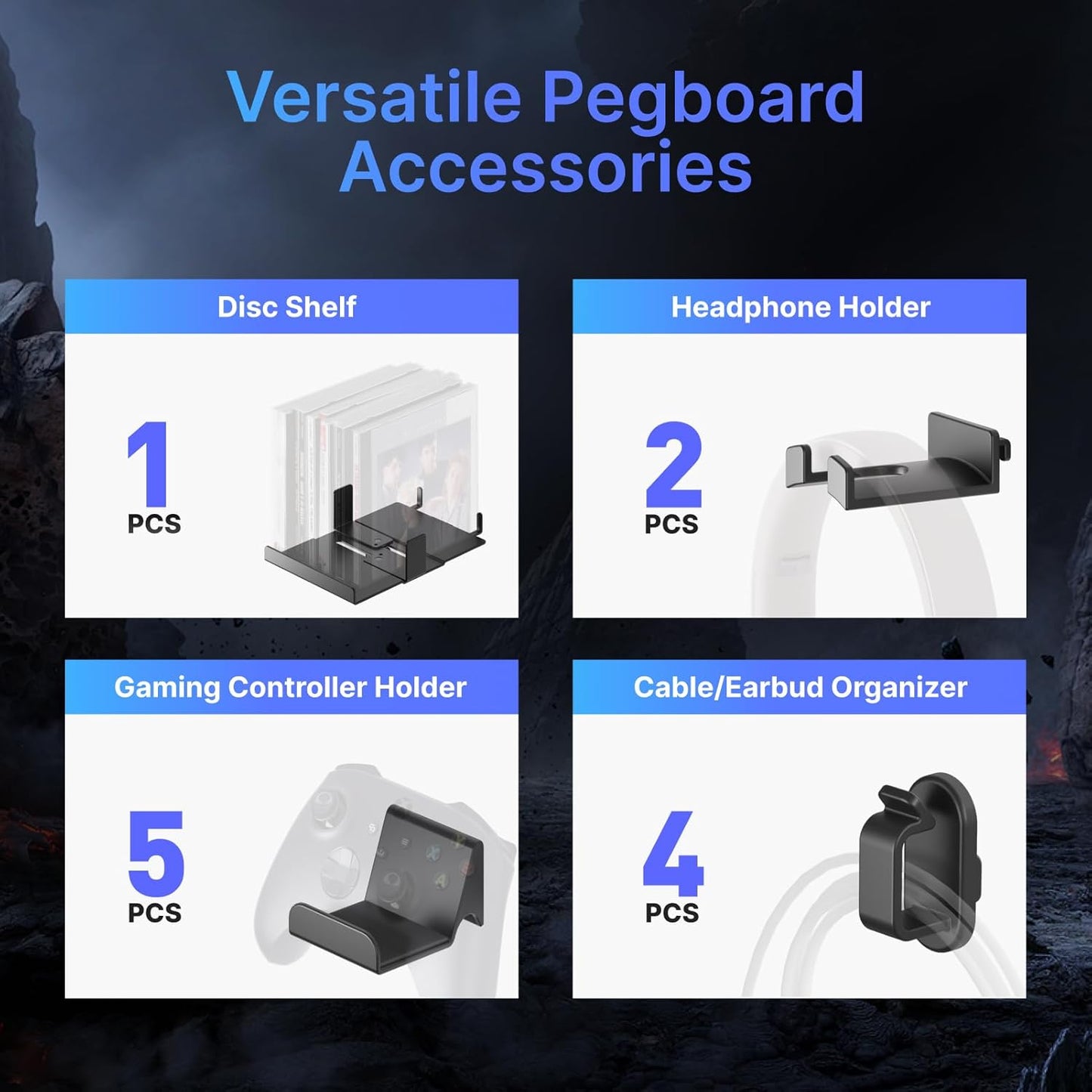 PEGZONE Controller and Headphone Holder Wall Mount, Modular Gaming Pegboard with Accessories, Controller Stand for Xbox PS5 PS4 Switch, Video Game Storage, Disc Shelf, 7pcs Pegboard, Black & White