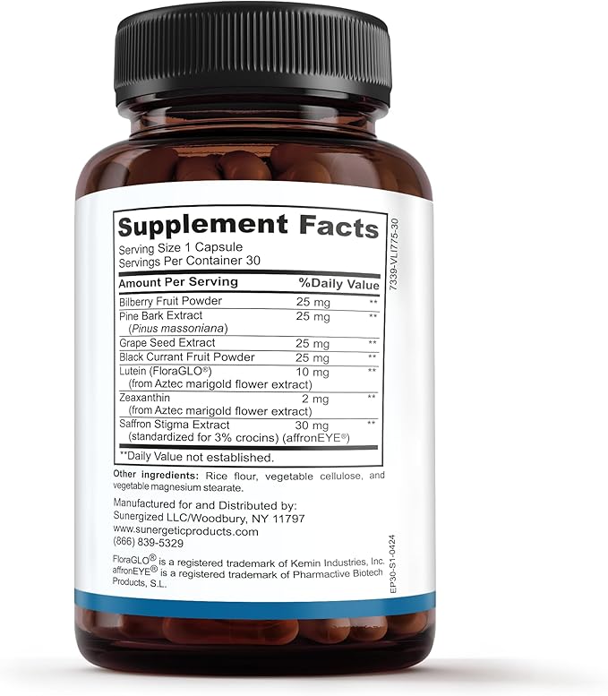 Sunergetic Premium Eye Pressure Support Supplement - Eye Pressure Supplement with Saffron, Lutein, Zeaxanthin, Bilberry & Pine Bark - Supports Ocular Health & Overall Vision - 30 Count