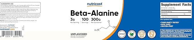 Nutricost Beta Alanine Powder 300 Grams (10.7oz) - 3 Grams Per Serving