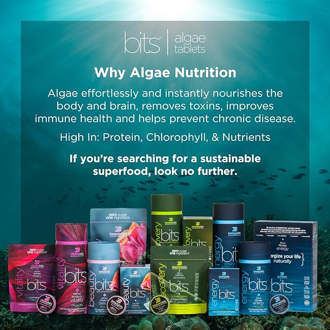 RECOVERYbits Organic Chlorella Algae Tablets, Superfood, Pure Green Algae, High Protein and Fiber, Chlorophyll, Cracked Cell Wall Non-Irradiated, for Immune Boosting and Detox, Non-GMO, 60 Tablets