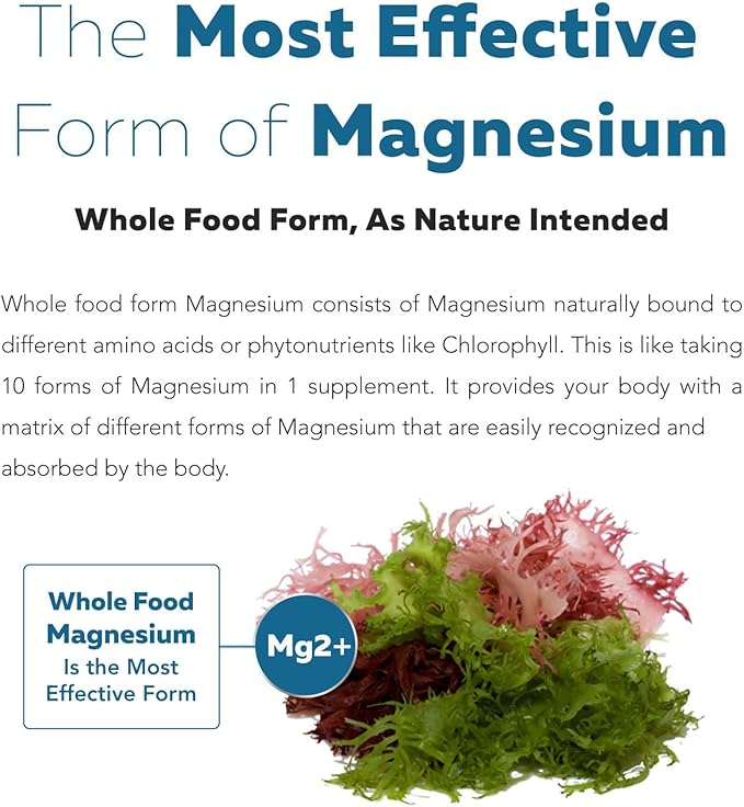 Organic Whole Food Magnesium Supplement - Plant-Based, Organic Sea Vegetable Complex - 250 mg Per Serving | Water Extracted | Gentle on Stomach | Supports Energy, Sleep, Muscle, Heart - 60 Capsules