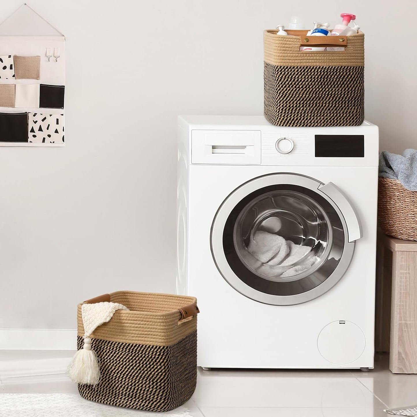 danpinera 3-Pack Cotton Rope Baskets for Storage, 11"x11" Cube Storage Cubes Store Towel, Snack, Storage Bins with Reinforced Stitching & Practical Handles, Black & Brown