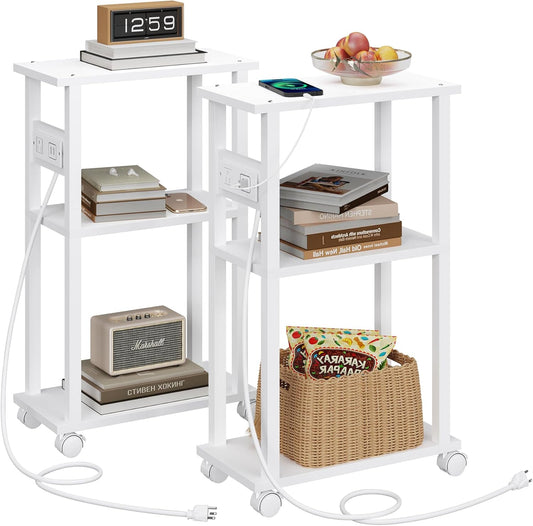 TUTOTAK Small Narrow Side Table with Charging Station, Set of 2 Skinny End Table for Small Spaces, Slim Nightstand with USB Ports and Outlet,Sofa Beside Table with Wheels, White TB01BW047