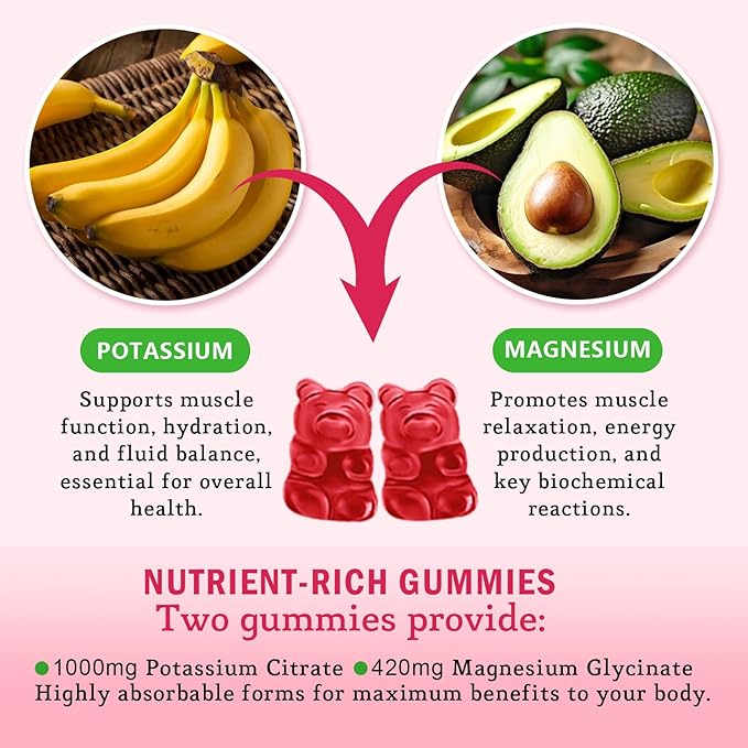 Potassium Magnesium Gummies, High Absorption Magnesium Potassium Supplement with Vitamin B6 for Leg Cramps & Muscle Health, Strawberry, 60 Count