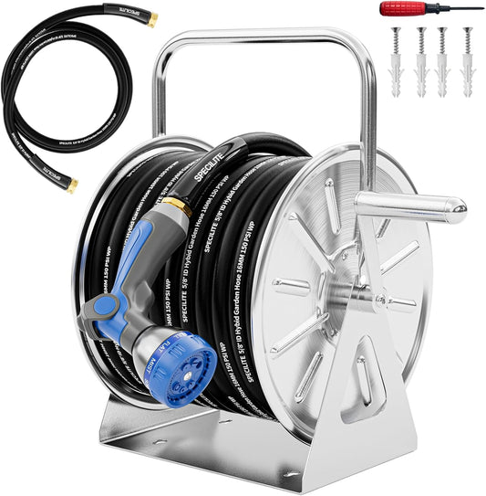 SPECILITE Stainless Steel Garden Hose Reel with 5/8" 75FT Hybrid Rubber Hose and 6FT Leader Pipe, Wall/Floor Metal Mounted Storage Spool, UV Resistant for Outside, Yard, Patio