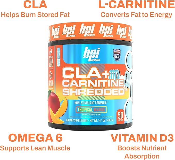 BPI Sports CLA + Carnitine Shredded - Convert Fat Cells Into Energy and Supports Lean Muscle, Boost Metabolism - Non-Stimulant L-Carnitine Supplement - Tropical Mango (14.1 oz. / 50 Servings)