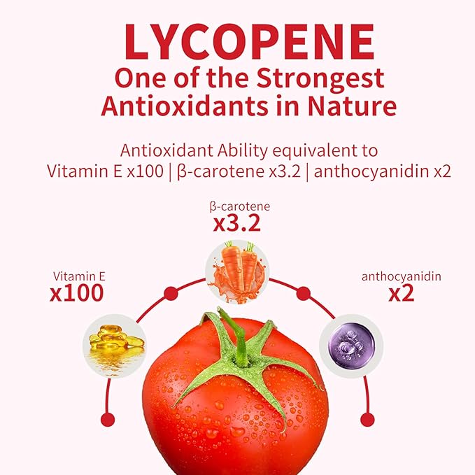Lycopene Supplement 100mg, Natural Tomato Extract with Reishi Mushroom 200mg, Mushroom Capsule for Immune Health, Gluten-Free, Non-GMO, Vegan, 60 Rapid Release Capsules